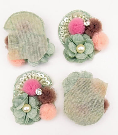 Hand Embroidered Teal Green And Pink Floral Applique, 2 Pcs